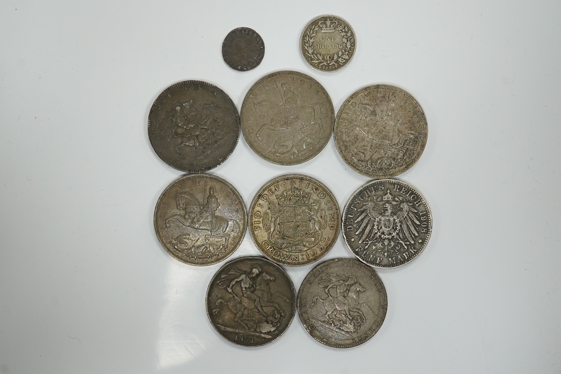 British silver coins, George III to George VI, crowns comprising 1818, 1821, 1819, three x 1935, together with a Bavarian States silver 5 mark 1908